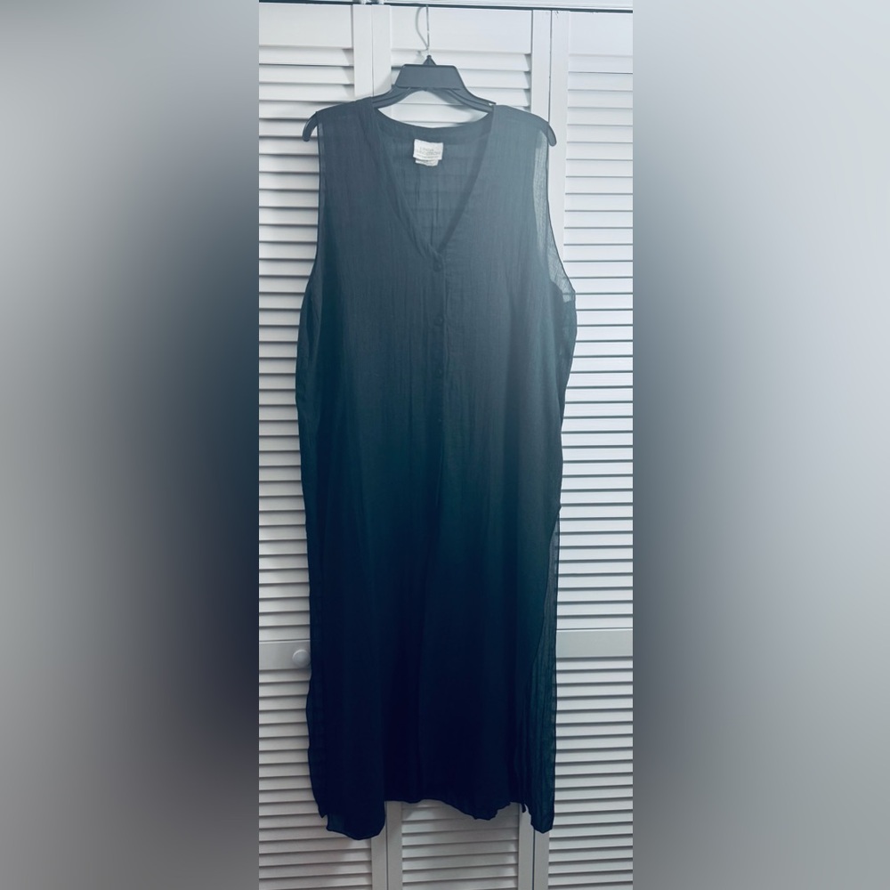 EUC Linda Lundstrom navy blue maxi tunic dress buttons at the front M (L-XL)